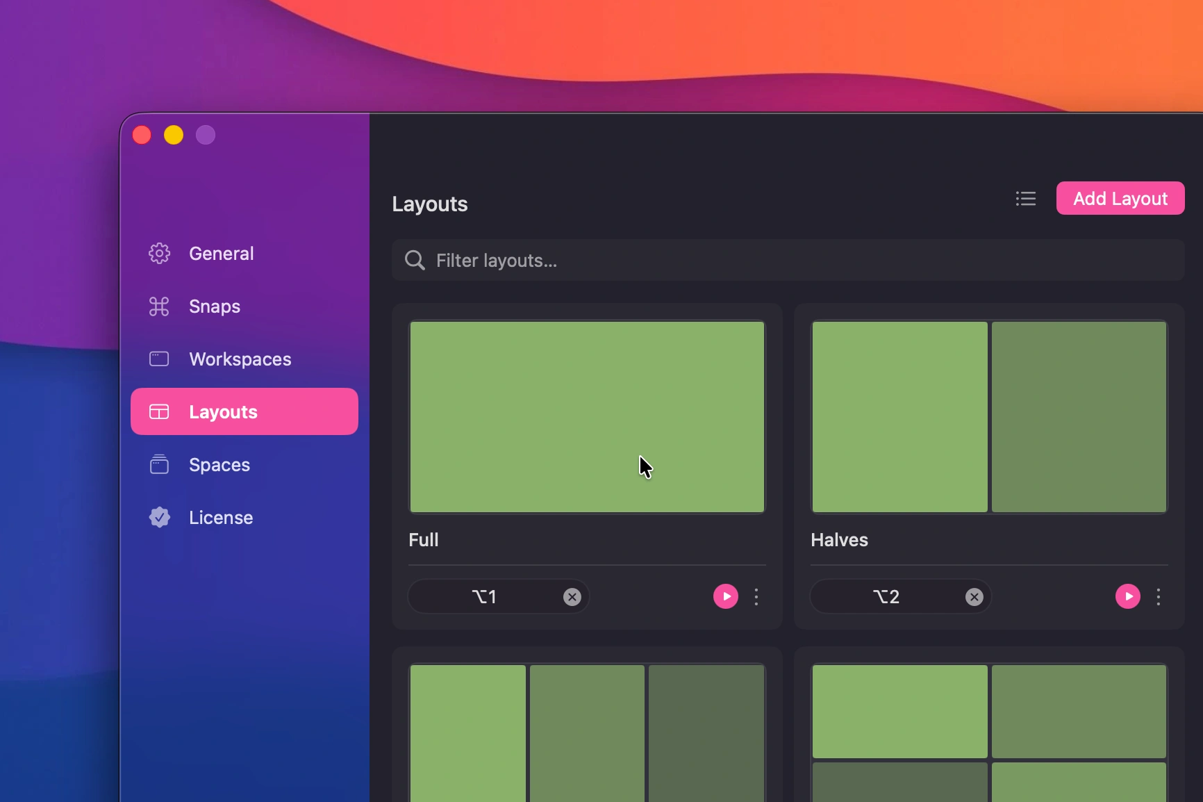 Snapback's predefined window layouts