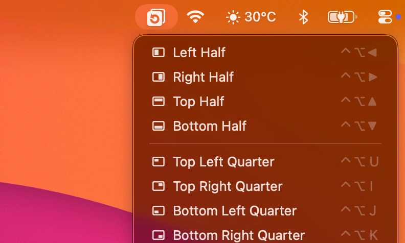 Snapback's menu bar menu listing snaps and shortcuts