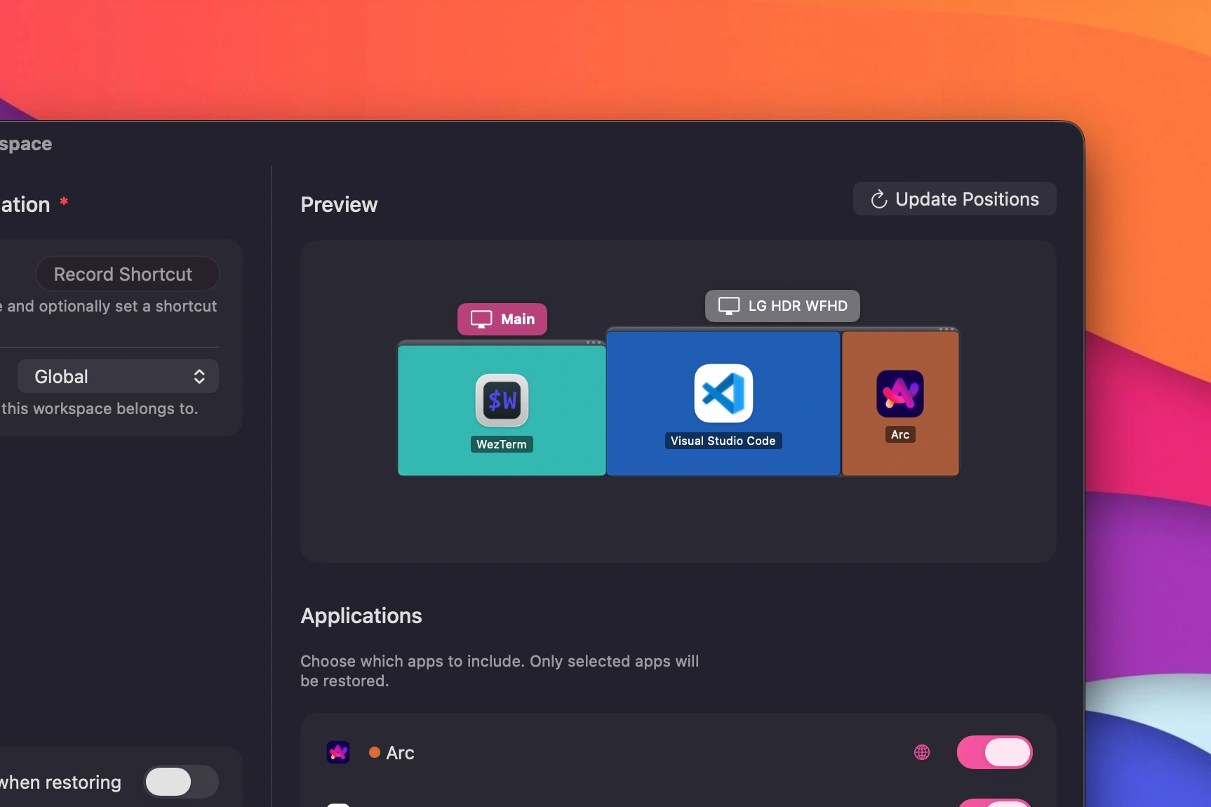 A workspace preview spanning the main display and an external monitor