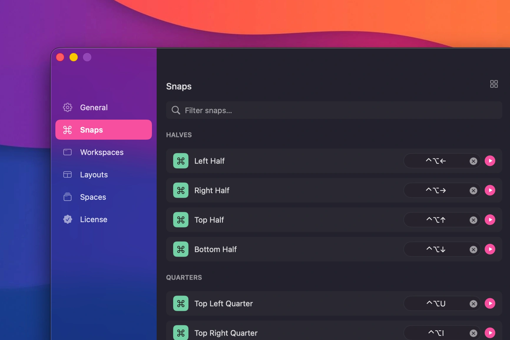 Snapback's Snaps settings with a shortcut for each layout