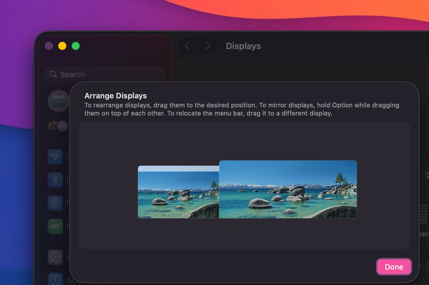 Snapback display settings panel